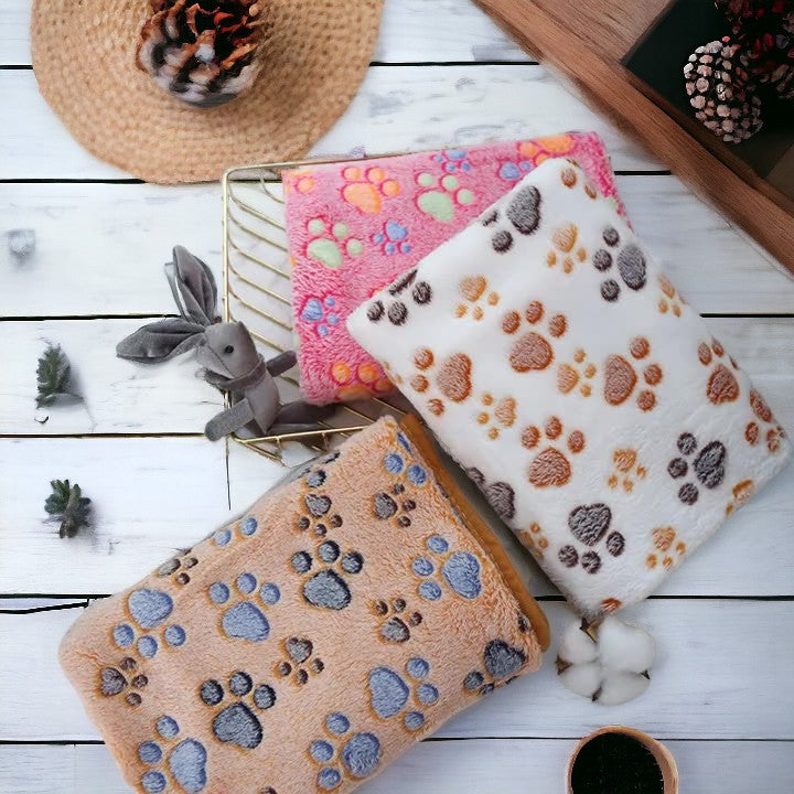 Pet Cat Dog Warm Coral Fleece Blanket Sizes for All Breeds - Beige Paw Print