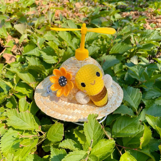 Pet Cat Dog Knitted Straw Hat - Bumble Bee & Sunflower with Bamboo Dragonfly